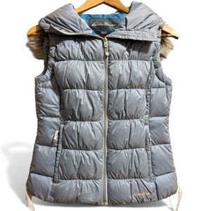Eddie Bauer Women's Blue Down  Puffer Vest with removable faux fur collar